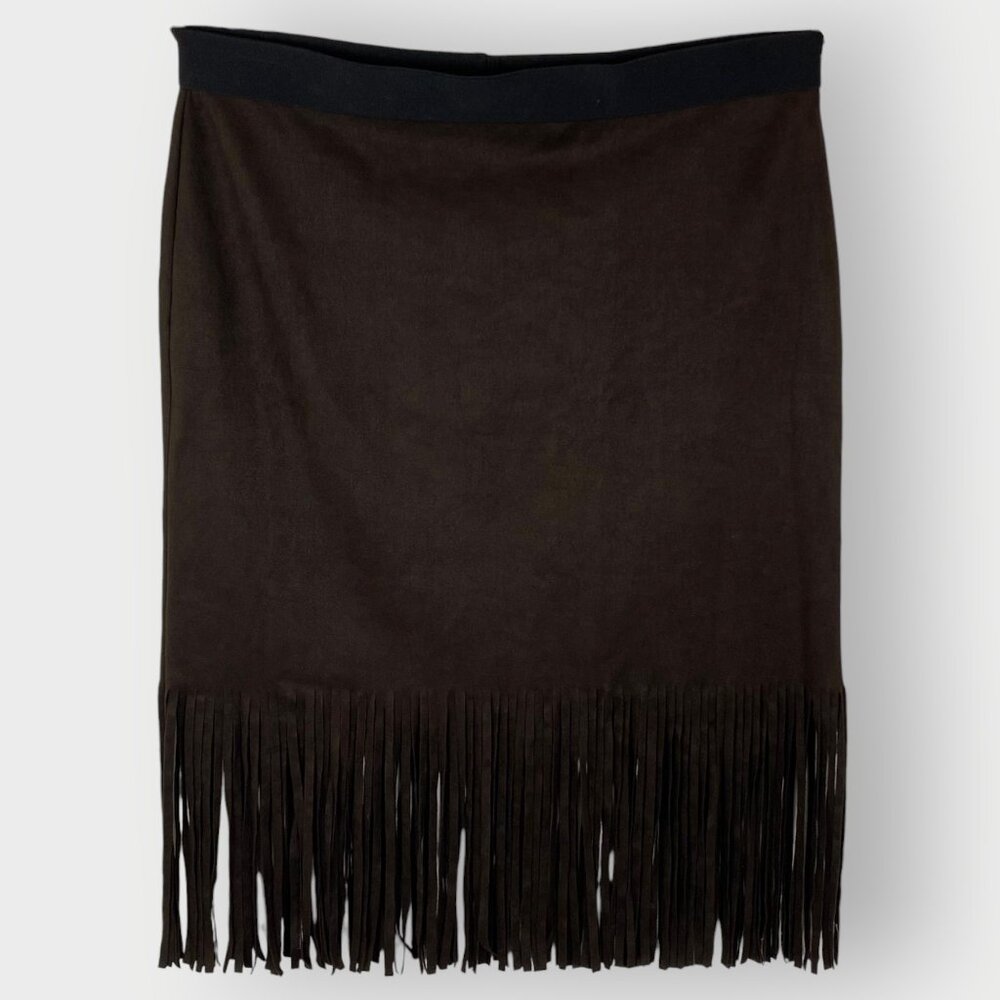 Vtg Karen Kane Faux Suede Fringe Skirt | L | Brown USA | Prairie Rodeo Western